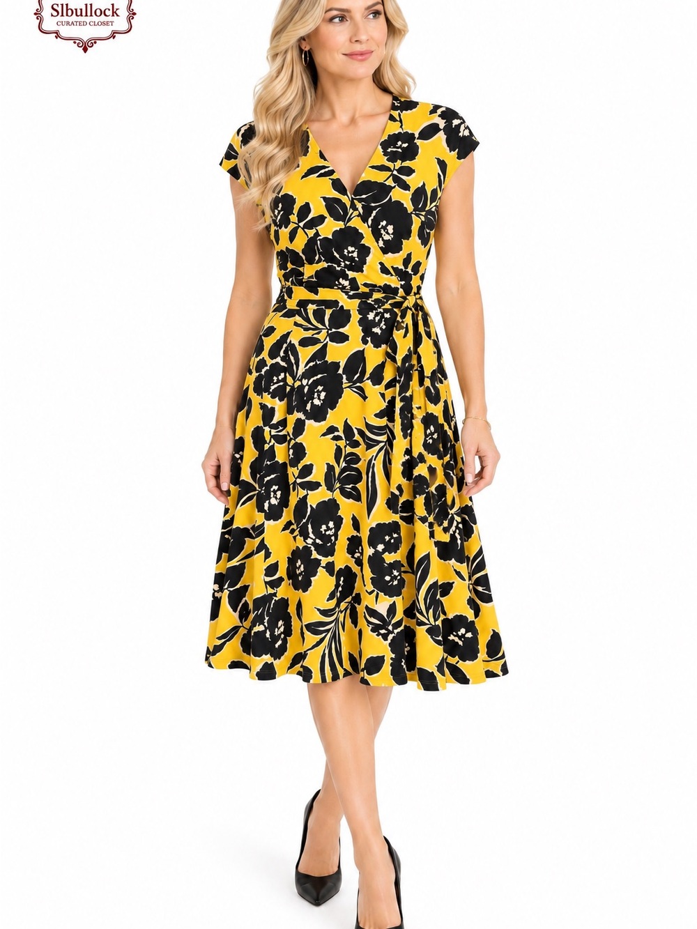 D42 A New Day Floral Belted V-Neck Dress Yellow Black Size Medium